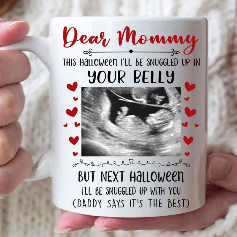 Personalized Snuggle In Your Belly Halloween Mug, Baby Scan Ultrasound Gift For Mom To Be