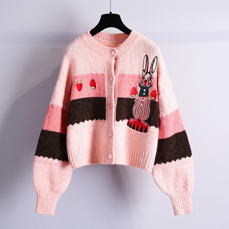 WAYOFLOVE Rabbit Embroidery Knitted Cardigans Sweaters Women Pink Sweet Autumn Winter Cardigan Slim Soft Warm Sweater Women Coat alx