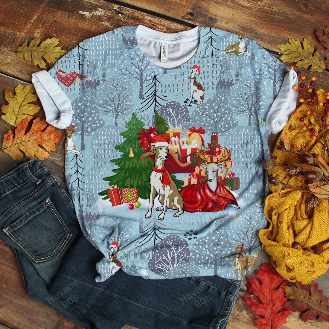 Greyhound T-shirt Christmas Forest