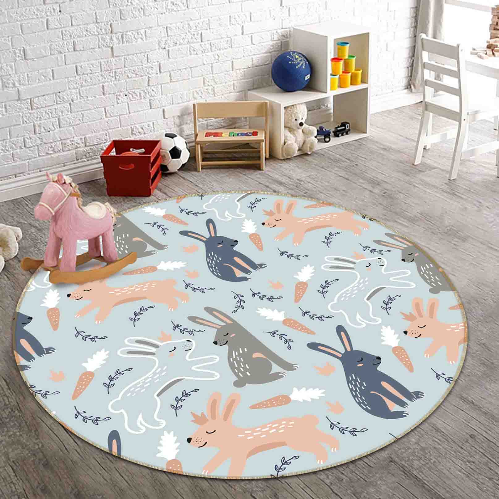 3D Cartoon Animal Rabbit Kids Non-Slip Round Rug Mat 111