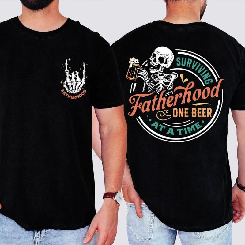Fatherhood One Beer at a Time Skeleton T-Shirt, Funny Dad Life Graphic Tee for Men, Cotton Shirt for Beer-Loving Fathers and Casual Wear, Menswear – Trend