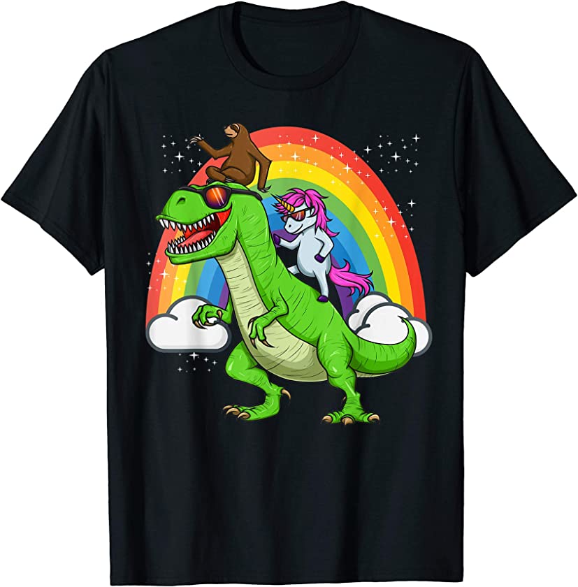 Unicorn Sloth Riding Dinosaur T Rex Rainbow Cute Fun Gift T-Shirt