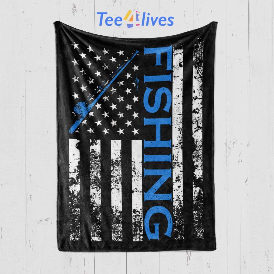 Custom Blanket American Flag Fishing Rod USA Patriotic Fleece Blanket