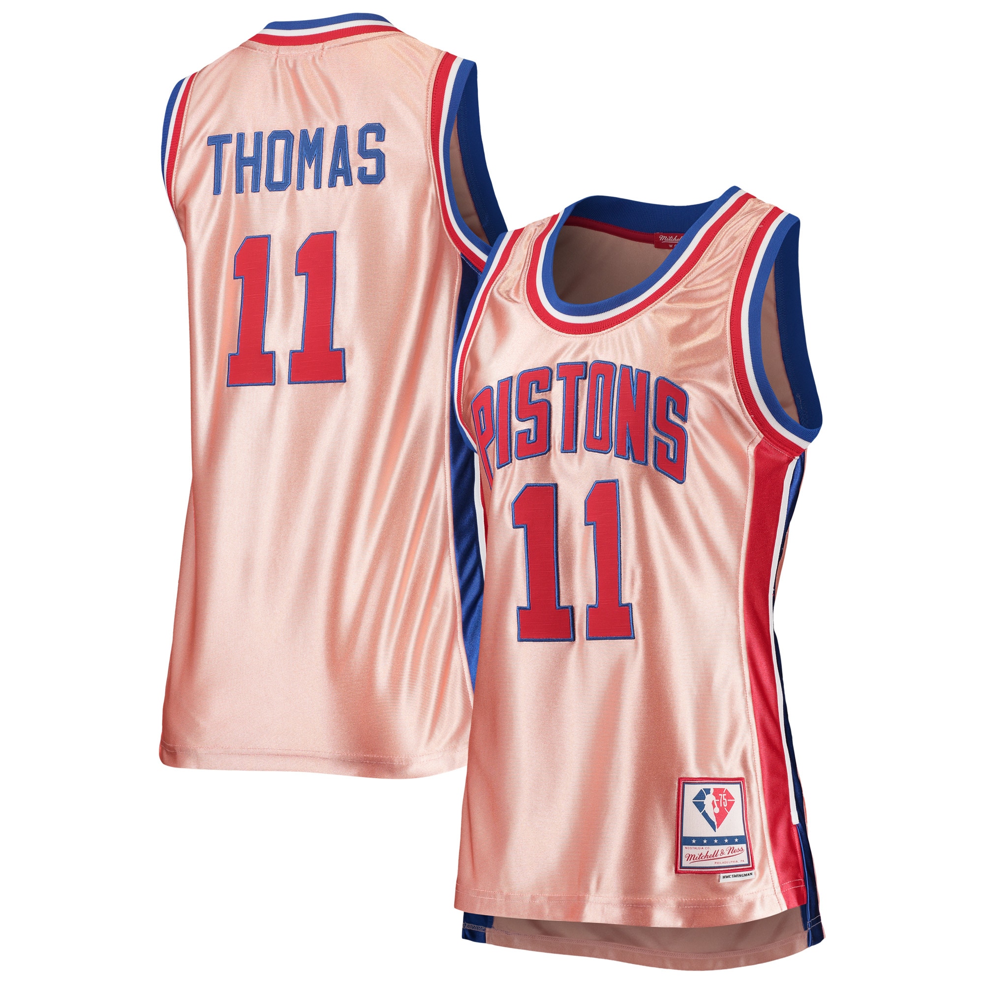 Women's Mitchell & Ness Isiah Thomas Pink Detroit Pistons 75th Anniversary Rose Gold 1982 Swingman Jersey