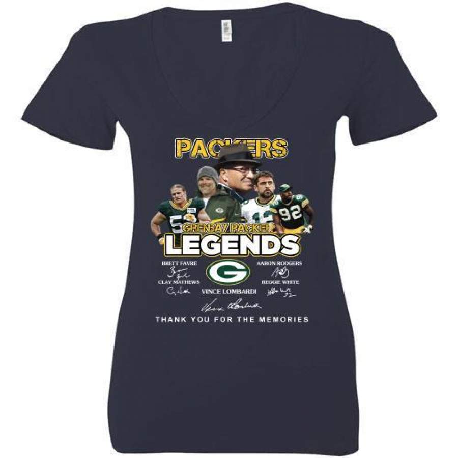 Green Bay Packers Brett Favre Aaron Rodgers Vince Lombardi Legends Thank You For The Memories Signatures Ladies Deep V-Neck