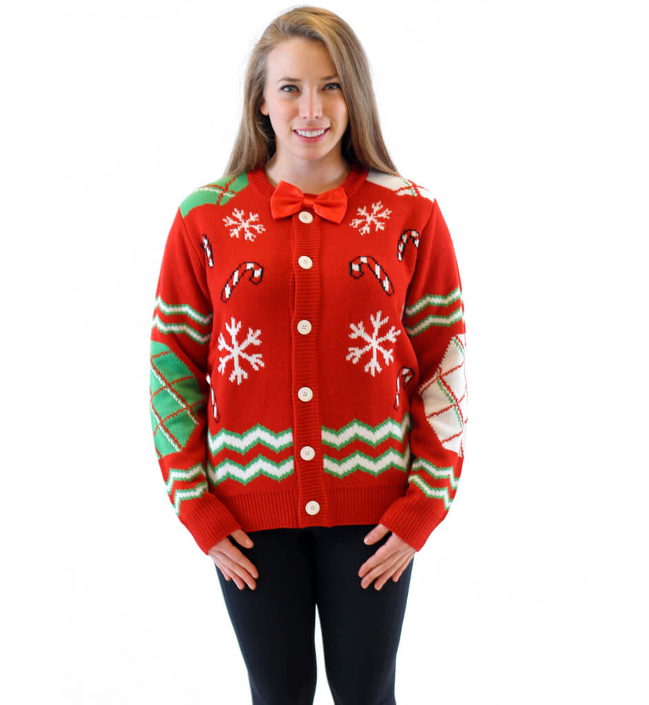 Women’S Candy Canes And Snowflakes Button Up Ugly Christmas Sweater With Bowtie