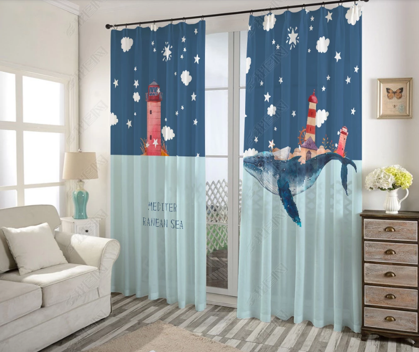 3D Cartoon Sky Cloud Sea Dolphin Lighthouse Curtains And Drapes Lqh 26