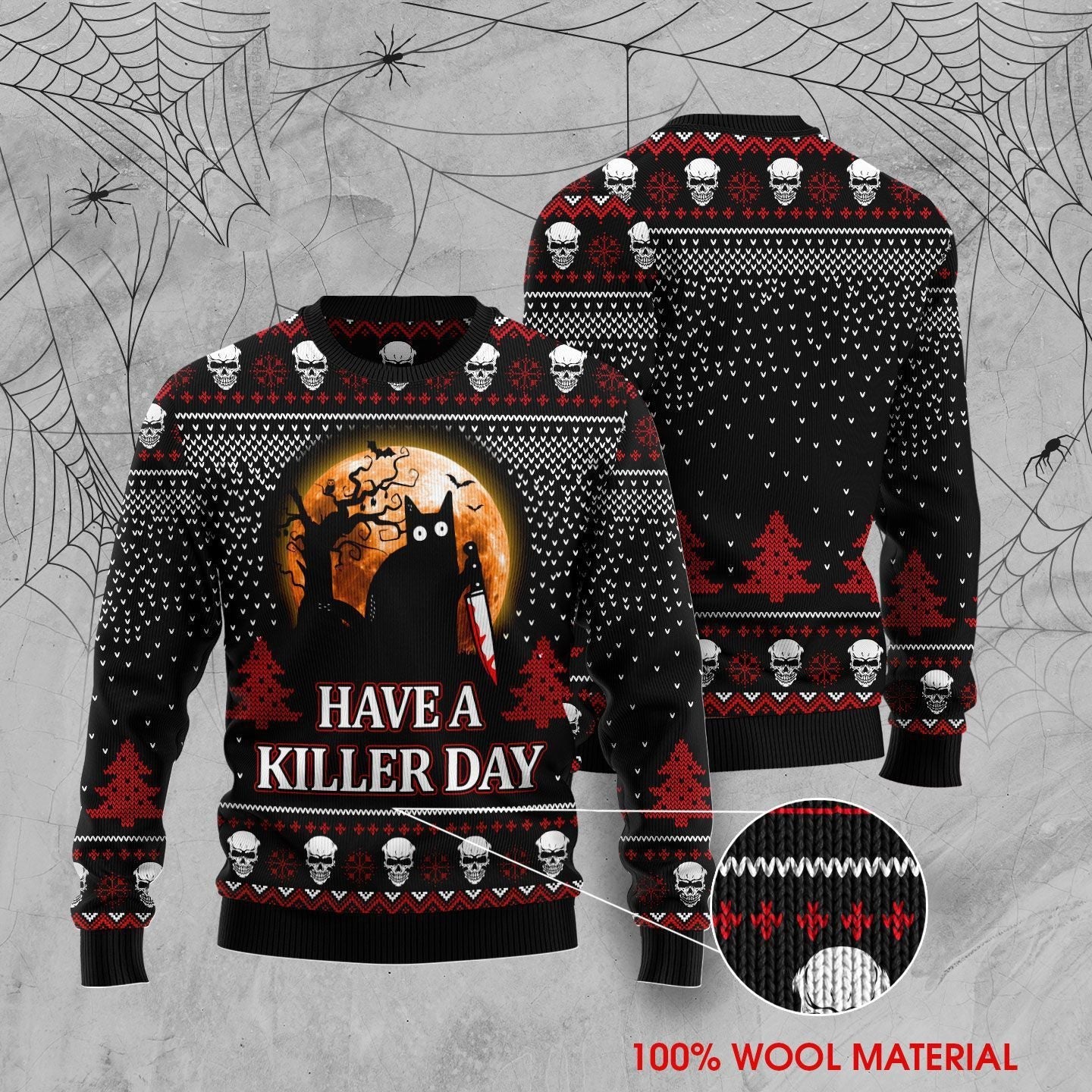 Unifinz Cat Ugly Sweater Black Cat Halloween Have A Killer Day Black Red Sweater 2022