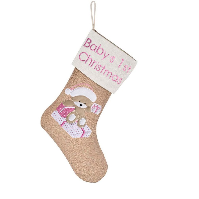 2021 Baby Boy Girl 1st First Christmas Stocking present gift candy toy bag Xmas tree rustic Fireplace Holiday Hanging Decoration alx