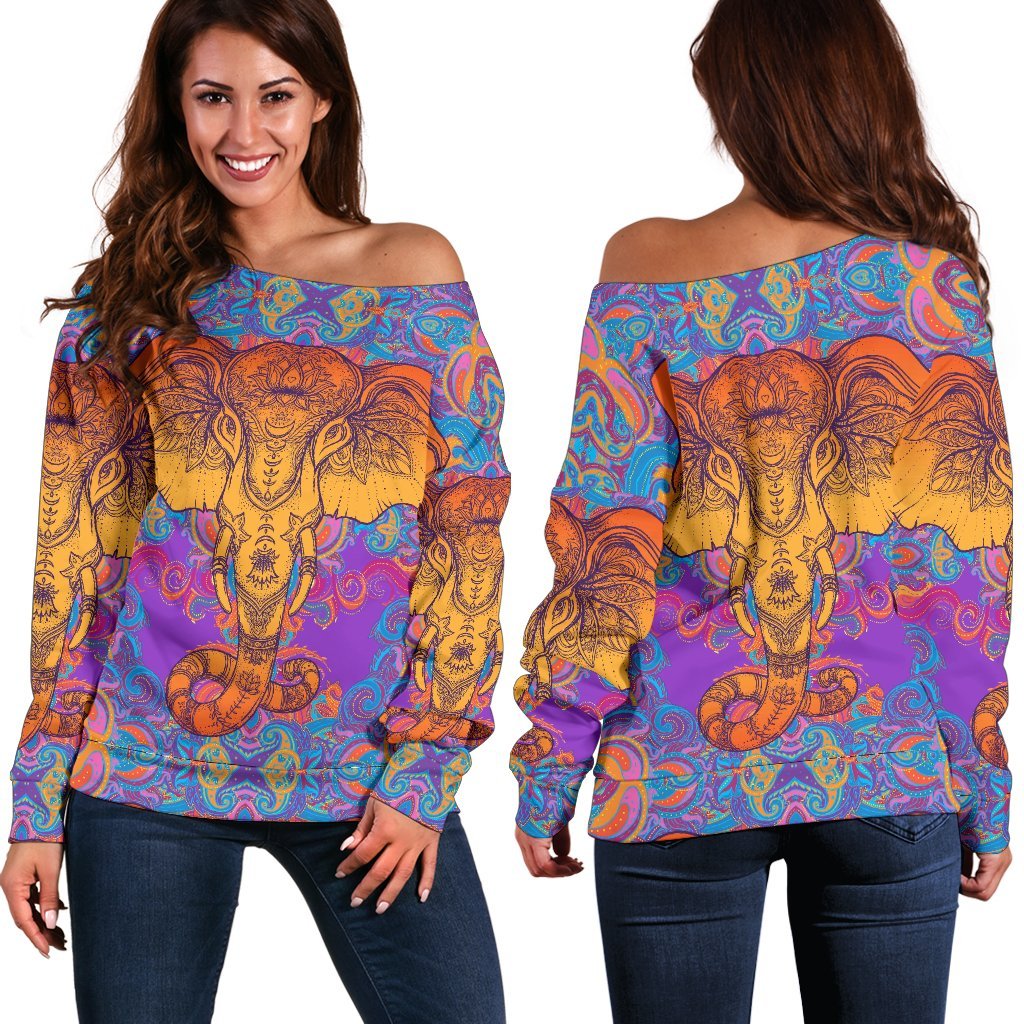 Gold Elephant Indian Off Shoulder Sweatshirt