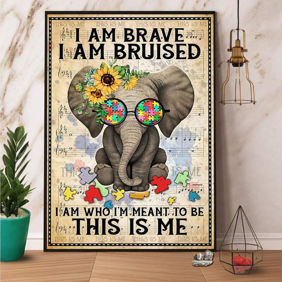 Autism awareness elephant I am brave paper poster no frame/ wrapped canvas wall decor full size