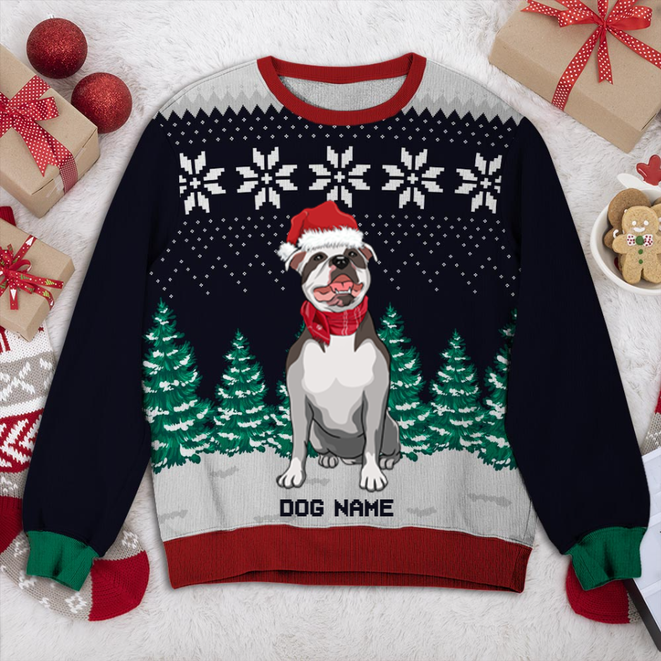 Staffordshire Bull Terrier Dog And Christmas Tree Personalized Sweater, Dog Ugly Christmas Sweater