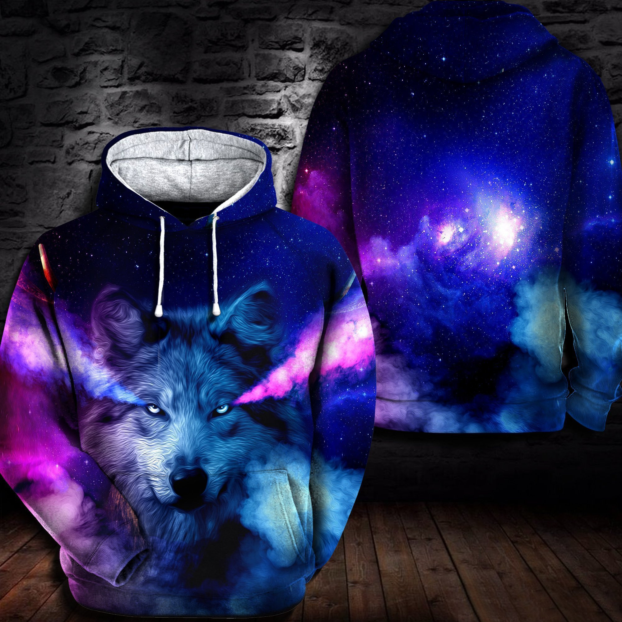 3D All Over Print Blue And Red Wolf Black Wall Brick Background Hoodie For Men Women