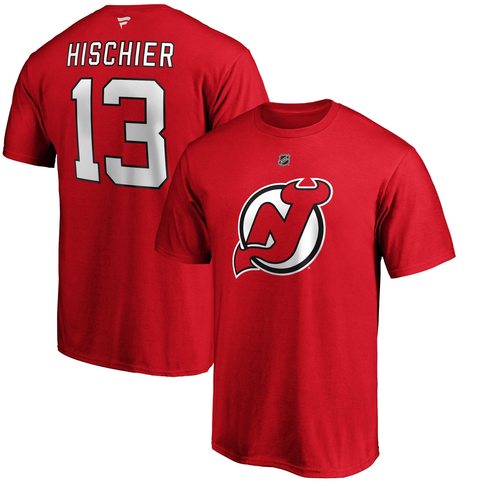 Men’S Fanatics Branded Nico Hischier Red New Jersey Devils Team Authentic Stack Name & Number T-Shirt