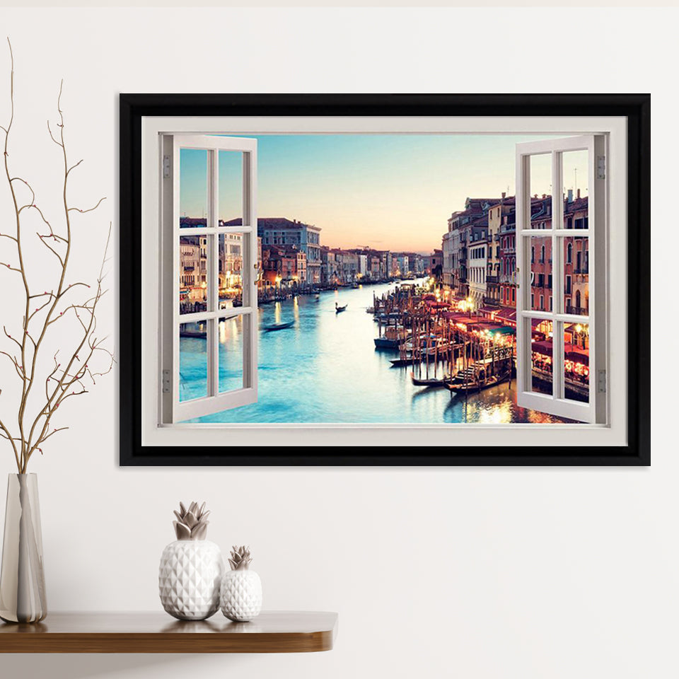 Venice Italy Sunset 3D Window Bay View Framed Canvas Print – Canvas Painting, Canvas Art, Wall Art, Wall Decor