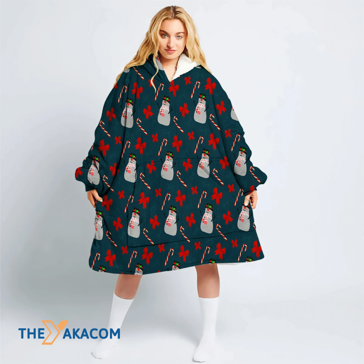 Lace Ribbon Xmas Snowman And Candy Cane Hoodie Blanket