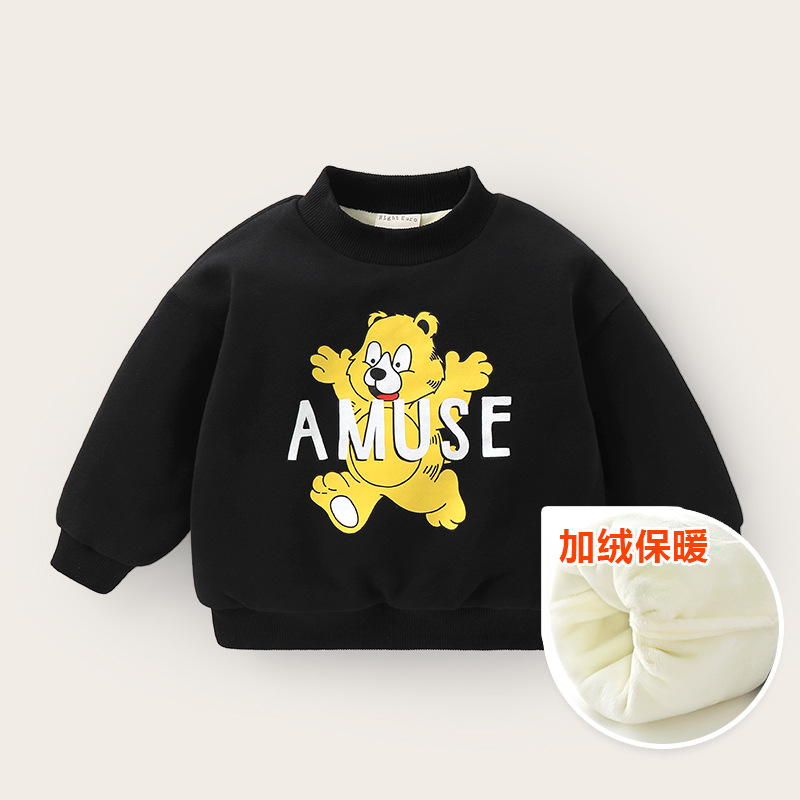 Boys Child Plush Sweatshirts Cartoon Bear Printing Casual Sports Cute O-neck Hoodies For Toddler Girls New Winter Thickened Tops alx