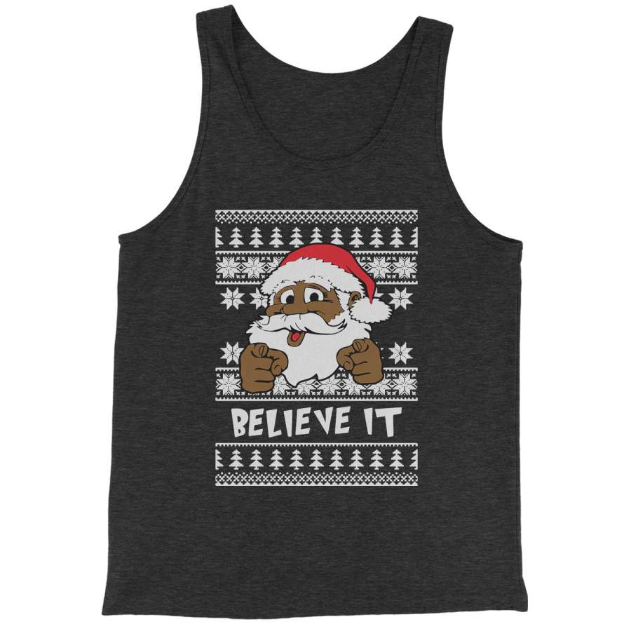 Believe It! Black Santa Claus Ugly Christmas Jersey Tank Top for Men