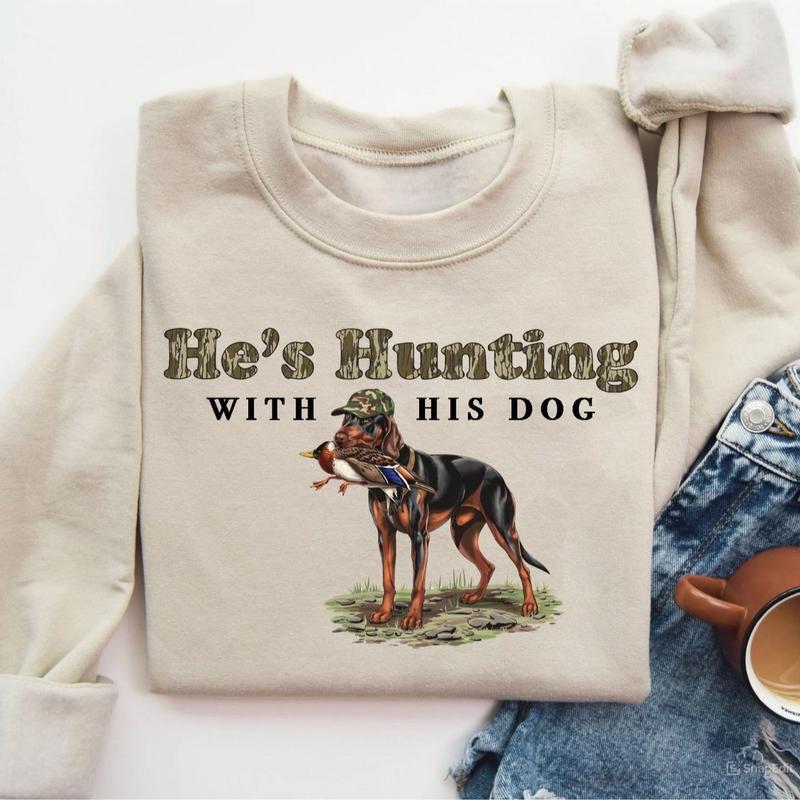 He’s Hunting with His Treeing Walker Coonhound Dog Unisex Crewneck Sweater, Hunting Camo Bottomland Duck Hunt Shirt