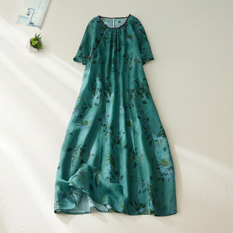 2022 New Arrival Beading Print Floral Thin Loose Cozy Women Casual Summer Dress Vintage Chinese Style Dress Lady Work Dress alx