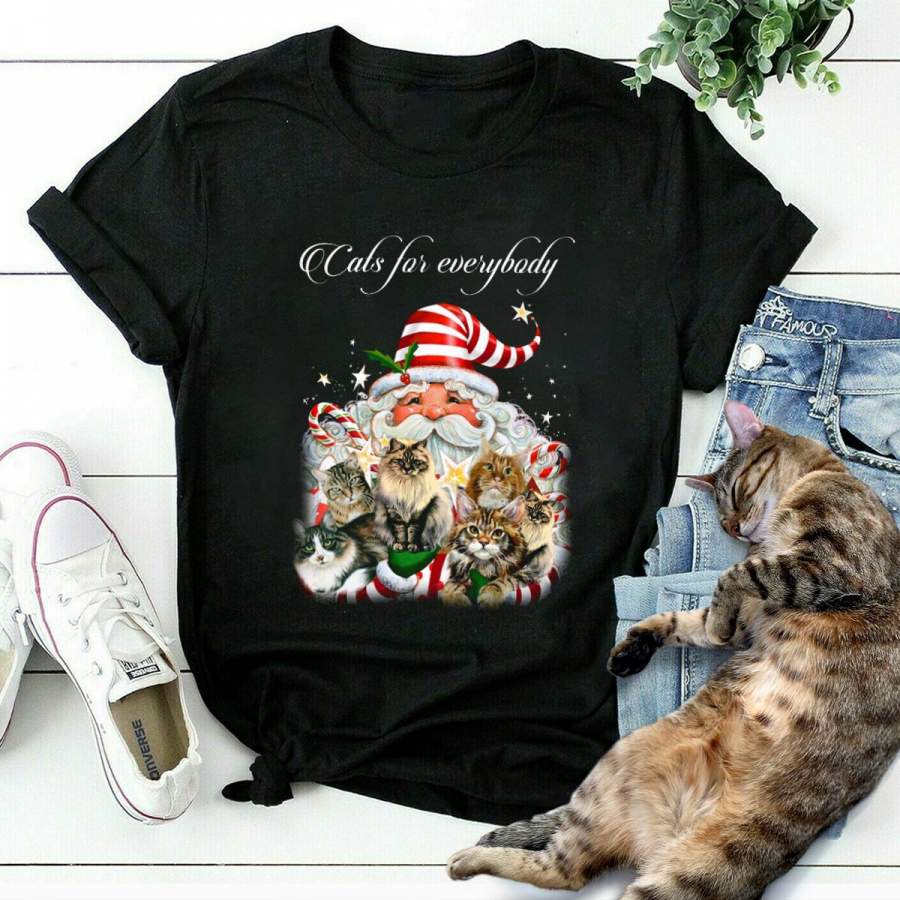 Christmas cats for everybody santa clause candy cane black cotton t shirt for men and women S-6XL