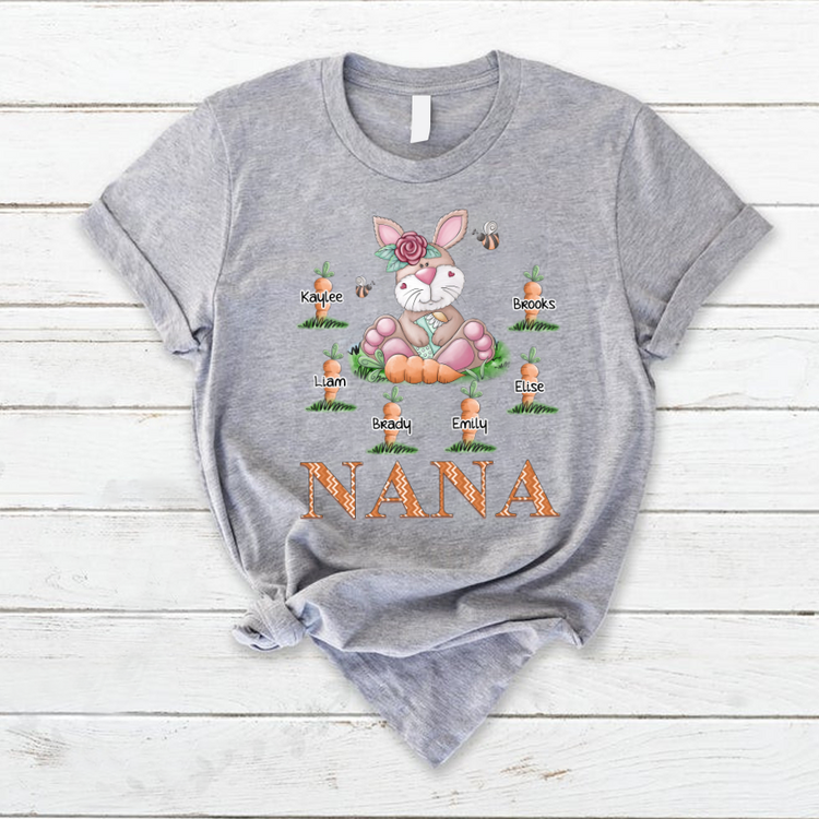 Personalized T-Shirt For Grandma Nana Bunny Flower & Carrot Printed Custom Grandkids Name Happy Easter Day Shirt