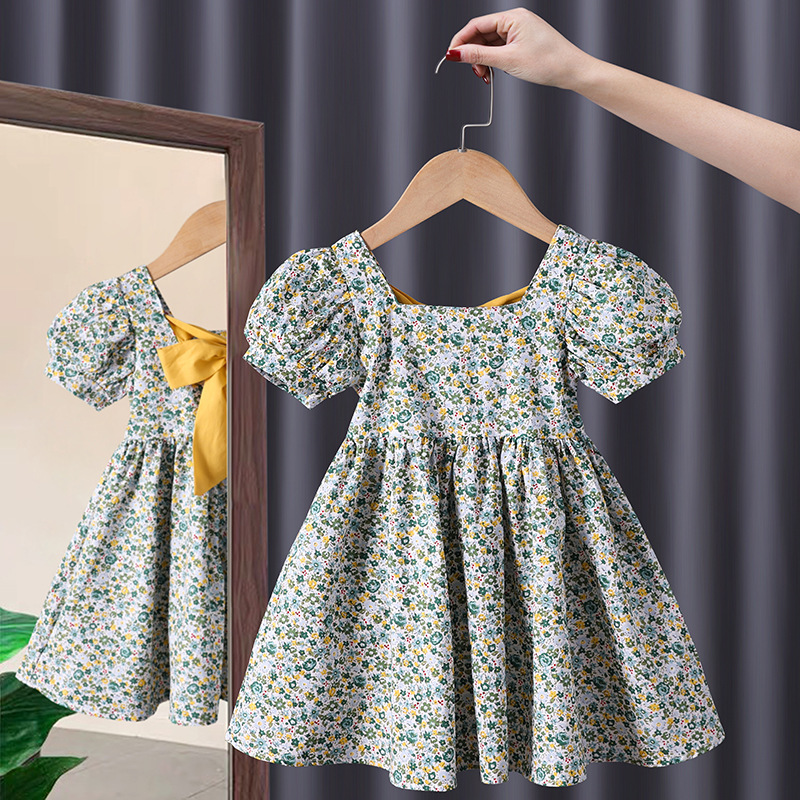 2022 Summer Girl Green Floral Short Sleeve Square Collar Bubble Sleeve Yellow Band Exposed Back Cotton Cloth Princess Dress alx