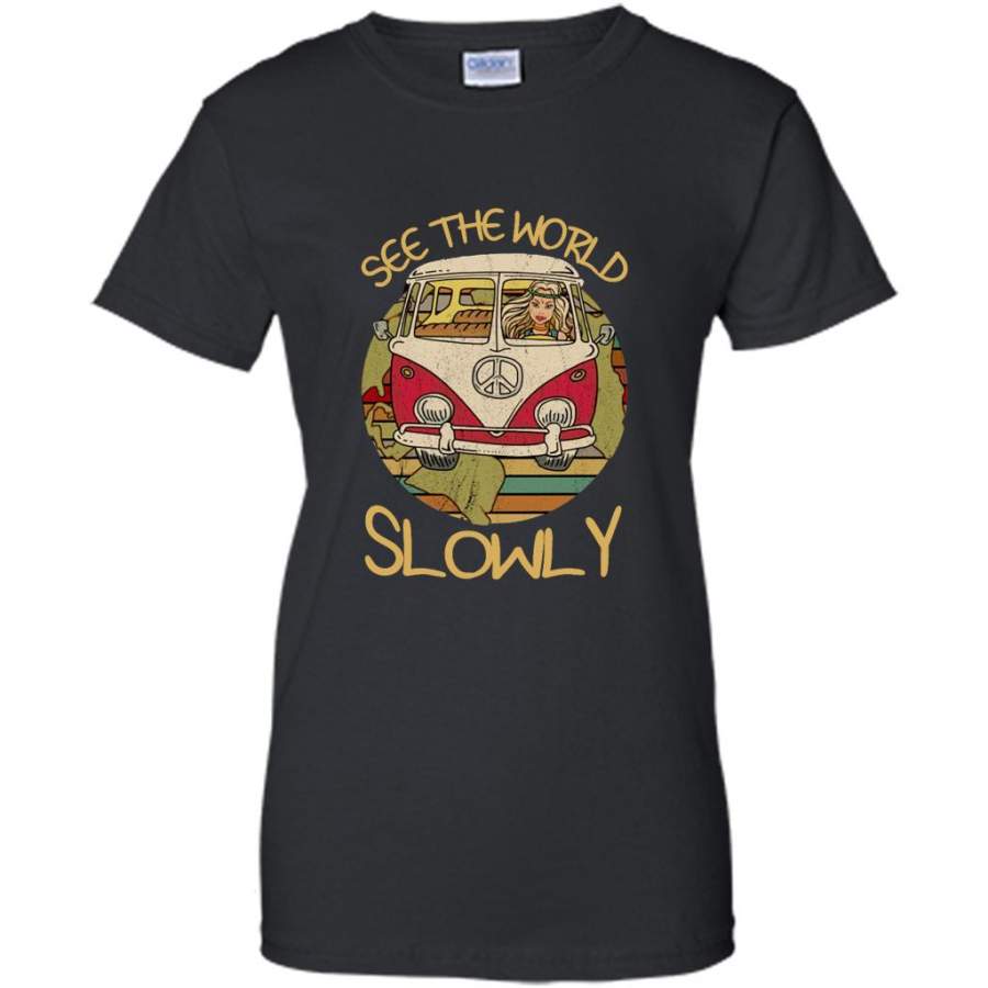 See The World Slowly Hippie Girl Peace Sign, Classic Vintage Design A – Gildan Women Shirt