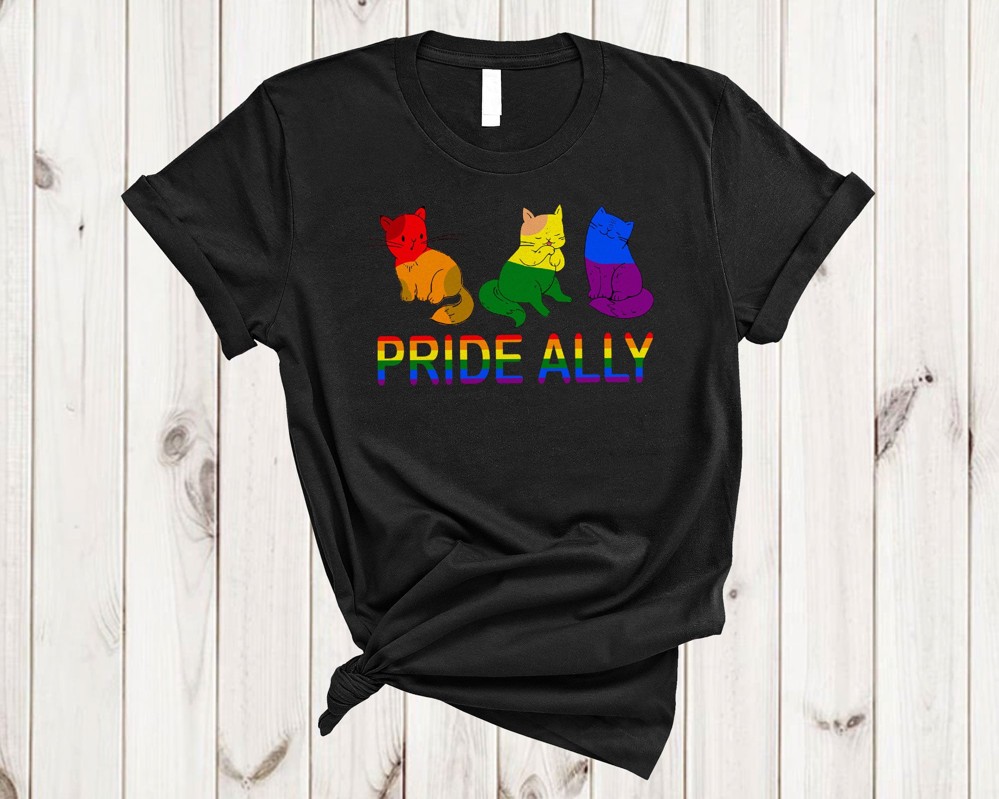 Lgbt Cat Shirt Pride Ally Cute Three Gay Rainbow Flag Cat Kitten Kawaii Lover Lgbt Pride T-Shirt