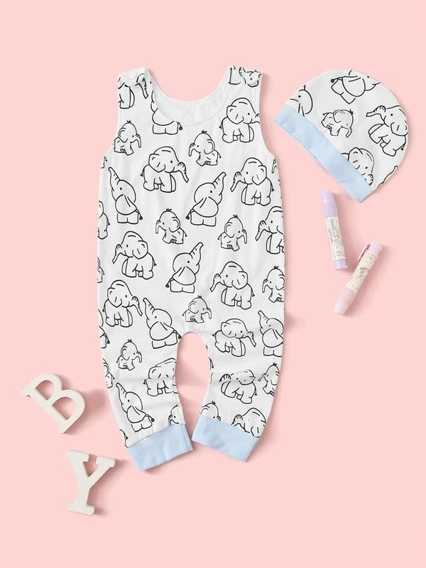 Baby Boy Elephant Print Tank Jumpsuit & Hat