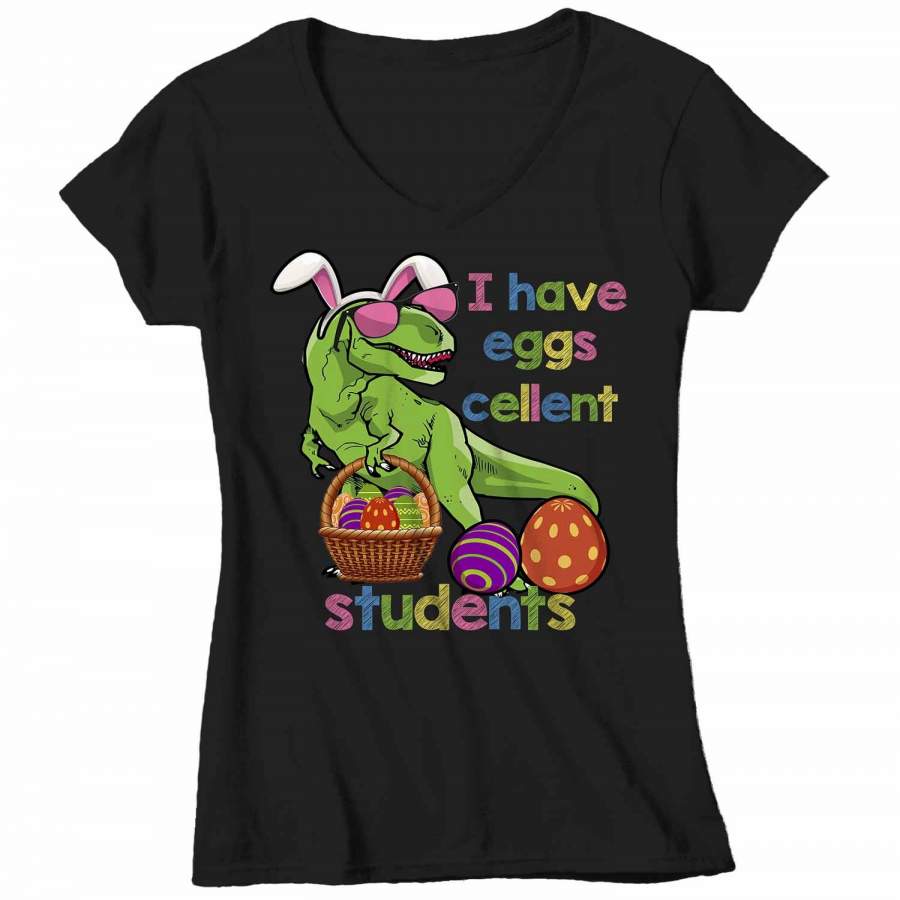 Women’s V-Neck Funny Easter T Shirt Easter Teacher Shirt Funny T Rex Easter Shirt Eggscellent Students Shirt Cute Shirt