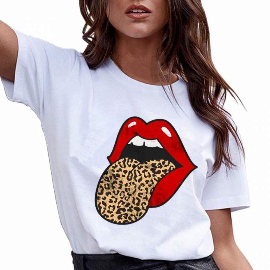 Red lips leopard tongue t-shirt