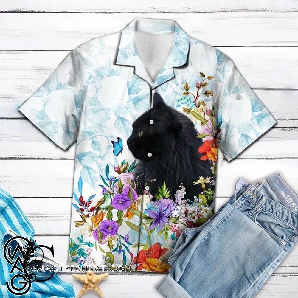 Beach Shirt Black Cat Flower Hawaiian Shirt- Chillicothemall