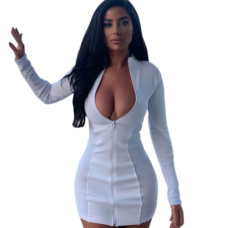 Wishyear 2022 Zipper Long Sleeve Bodycon Mini Dress Sexy White Outfits for Women Club Wear Fashion Celebrity Dresses alx