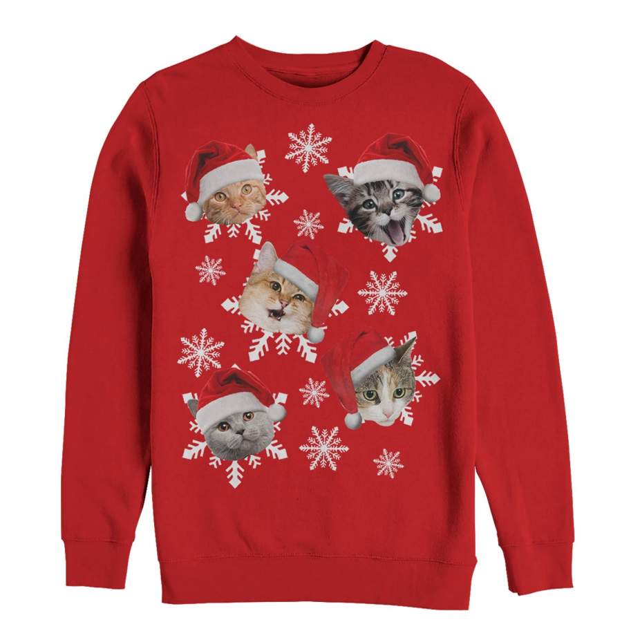 Lost Gods Men’s Ugly Christmas Cat Snowflakes  Sweatshirt Red