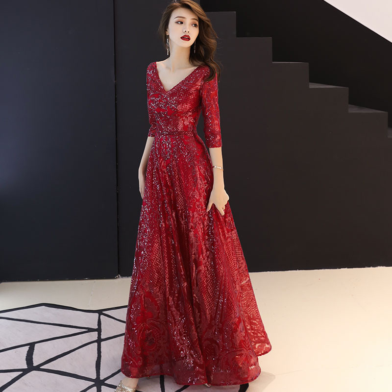 weiyin Gold Wine Red Evening Dresses Long 2022 Elegant V-neck A-line Floor-Length Sequined Formal Evening Gown WY1082 alx