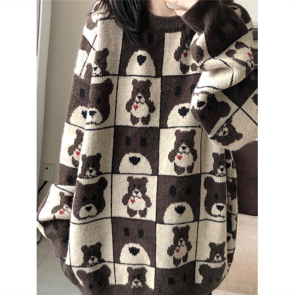 Cute Bear Tops Oversize High Street Knitting Sweater Tops Autumn Pullover Loose Harajuku Kawaii Brown Women Couple Sweaters alx