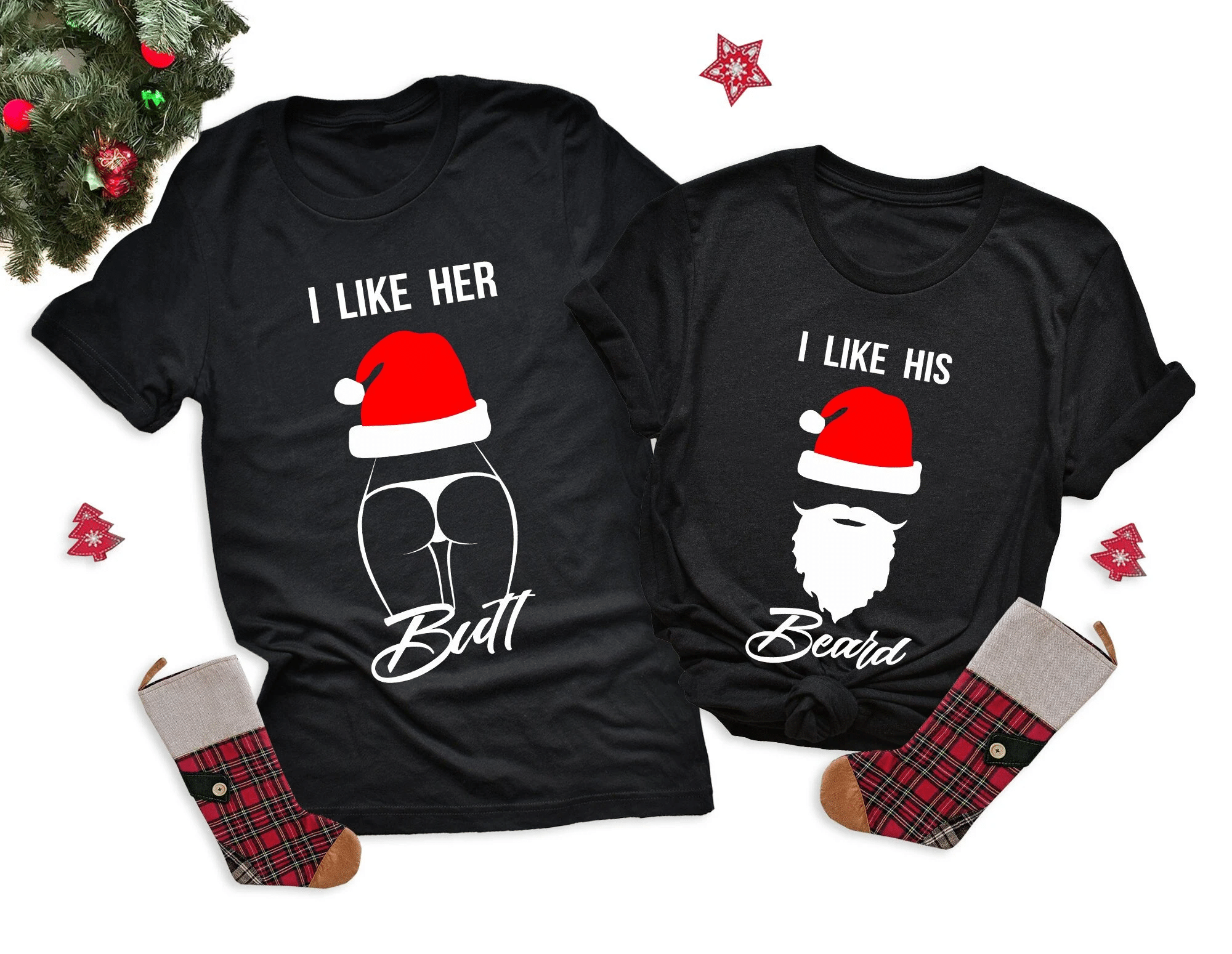 Couple Shirts I Like Her Butt – I Like His Beard Santa Claus Matching Couple, Valentine Gifts, Christmas Gift Graphic Unisex T Shirt, Sweatshirt, Hoodie Size S – 5Xl