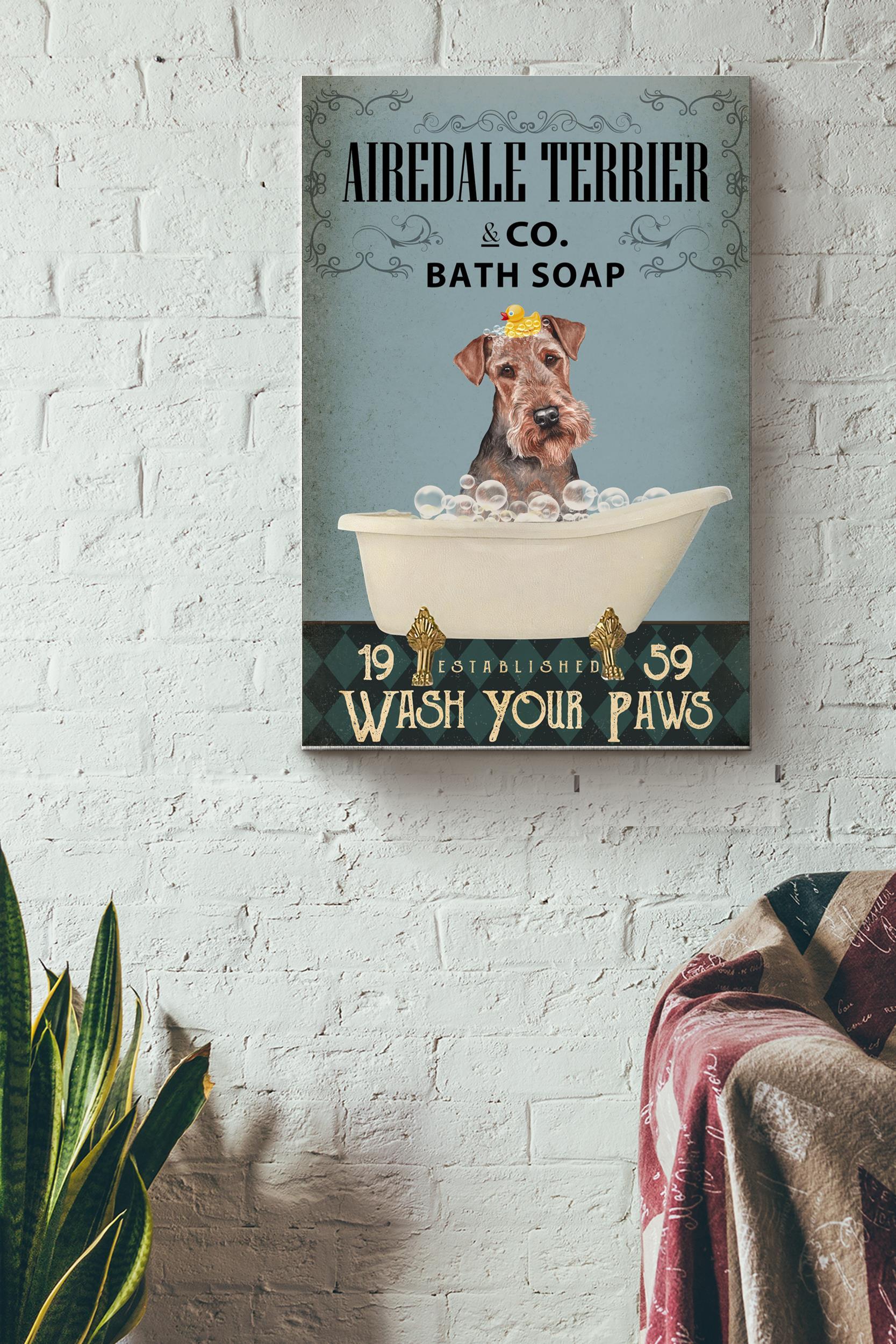 Airedale Terrier Co. Bath Soap Poster – Animal Wall Art – Gift For Bathroom Decor, Dog Lover, Dog Foster Wrapped Canvas