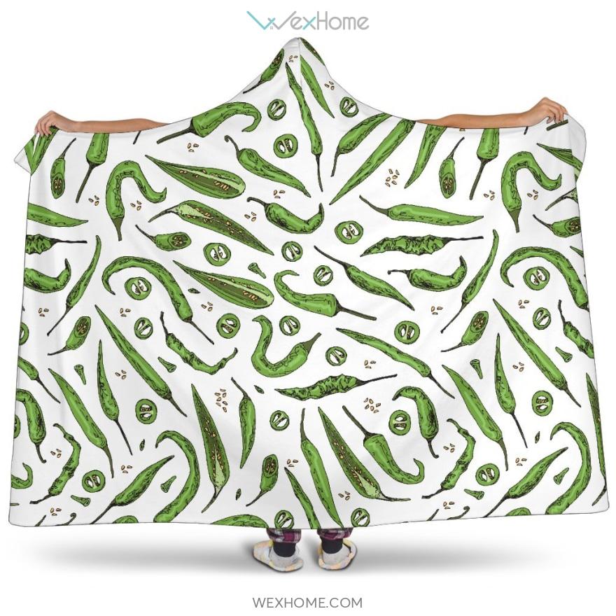 Hand Drawn Sketch Style Green Chili Peppers Pattern Hooded Blanket