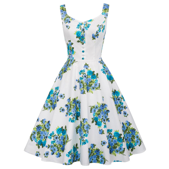 Summer Ladies Retro Vintage Sleeveless Floral Party Flared A-line Swing Dress alx