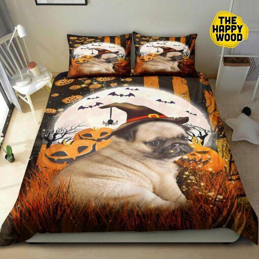 Pug Puppy Happy Halloween Quilt Bed Set And Pillow Covers