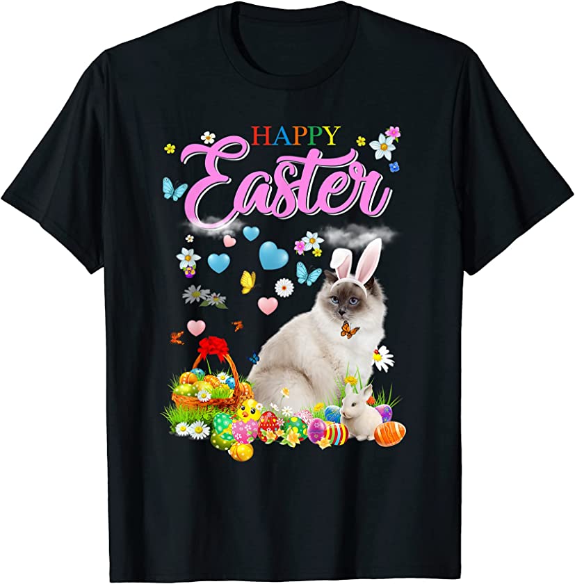 Bunny Ragdoll Cat Happy Easter Eggs T-Shirt