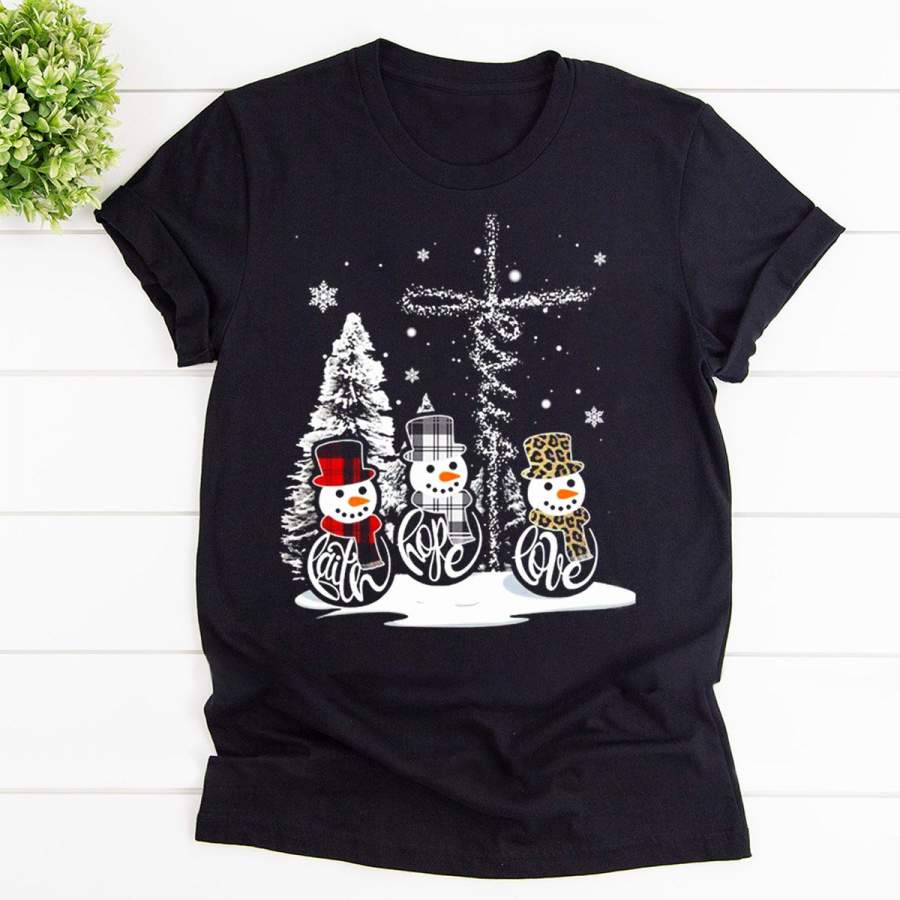 Snowman christmas faith hope love jesus cross christian snowflakes red plaid leopard black cotton t shirt for men and women S-6XL