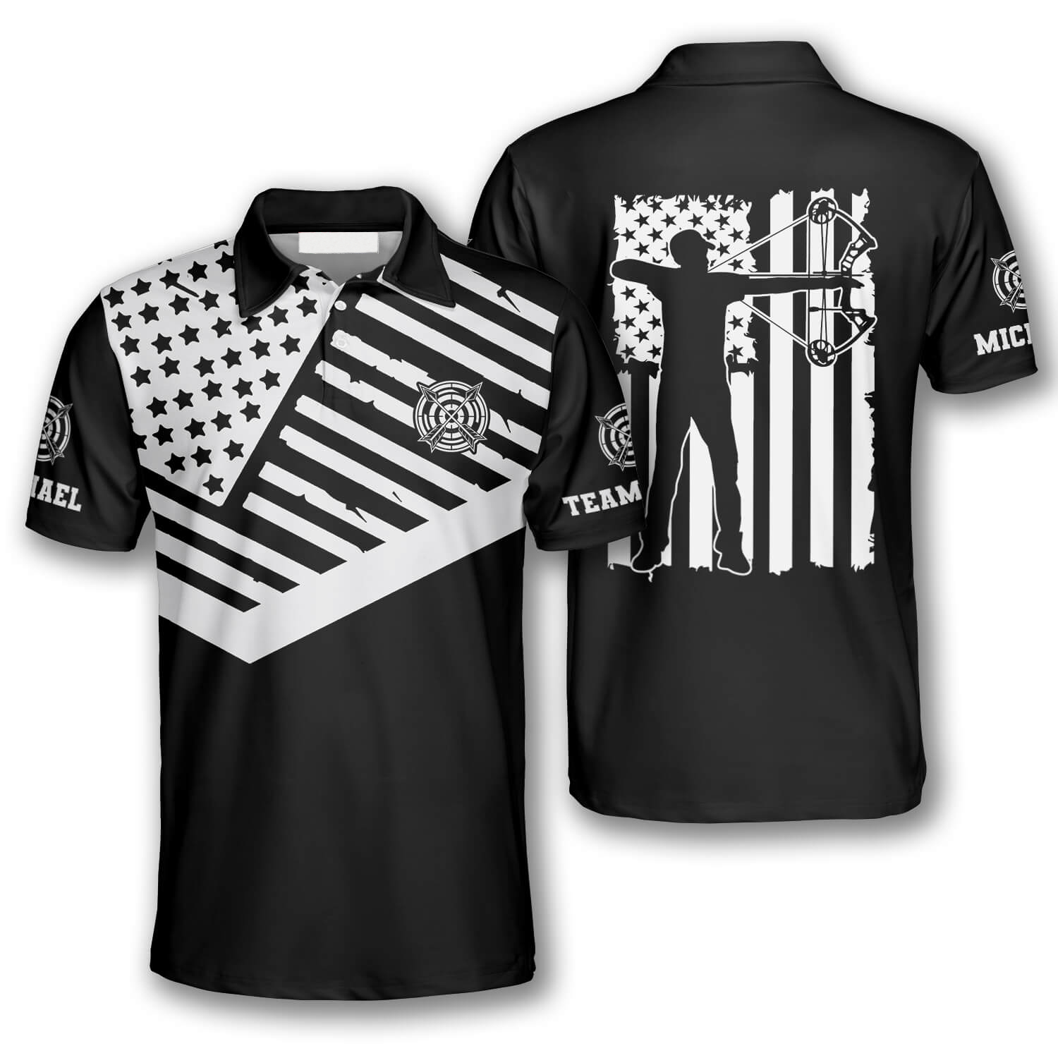 Black White American Flag Custom Archery Polo Shirts For Men, Flag American Archery Shirt