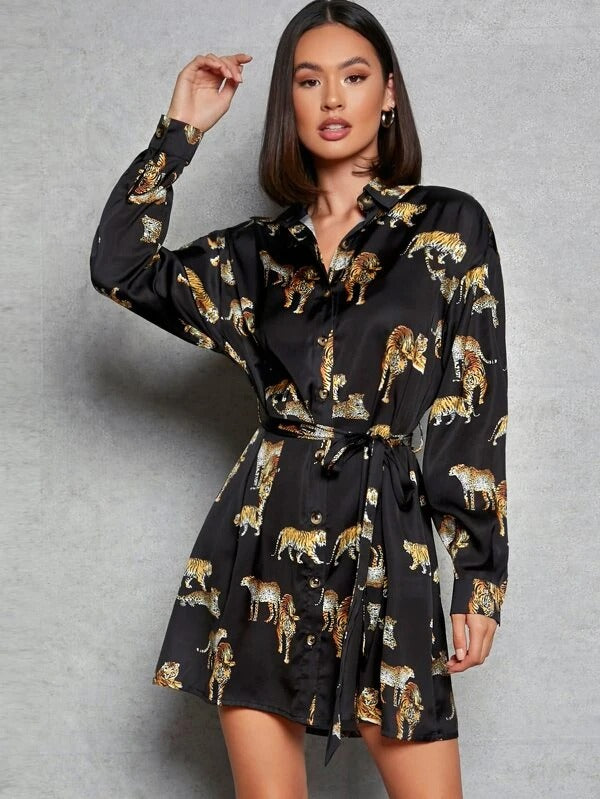 Women Tiger Print Drop Shoulder Self Belted Shirt Dress