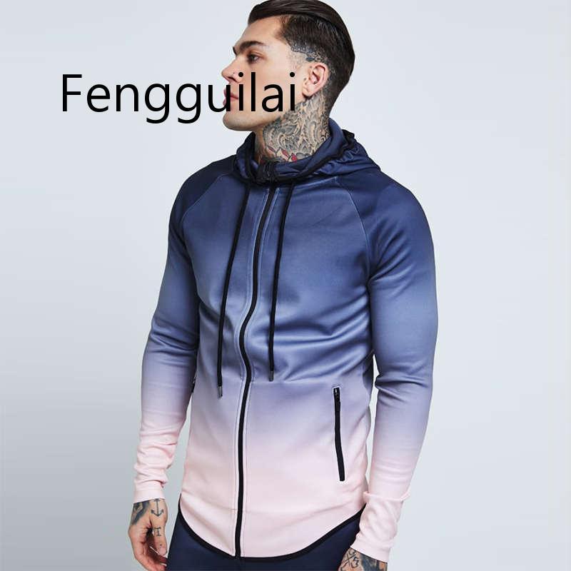 Spring Men Jacket Fashion Gradient Color Thin Hooded Sweatshirt Mens Slim Zipper Cardigan Brand Outerwear Hoodies Streetwear Top alx