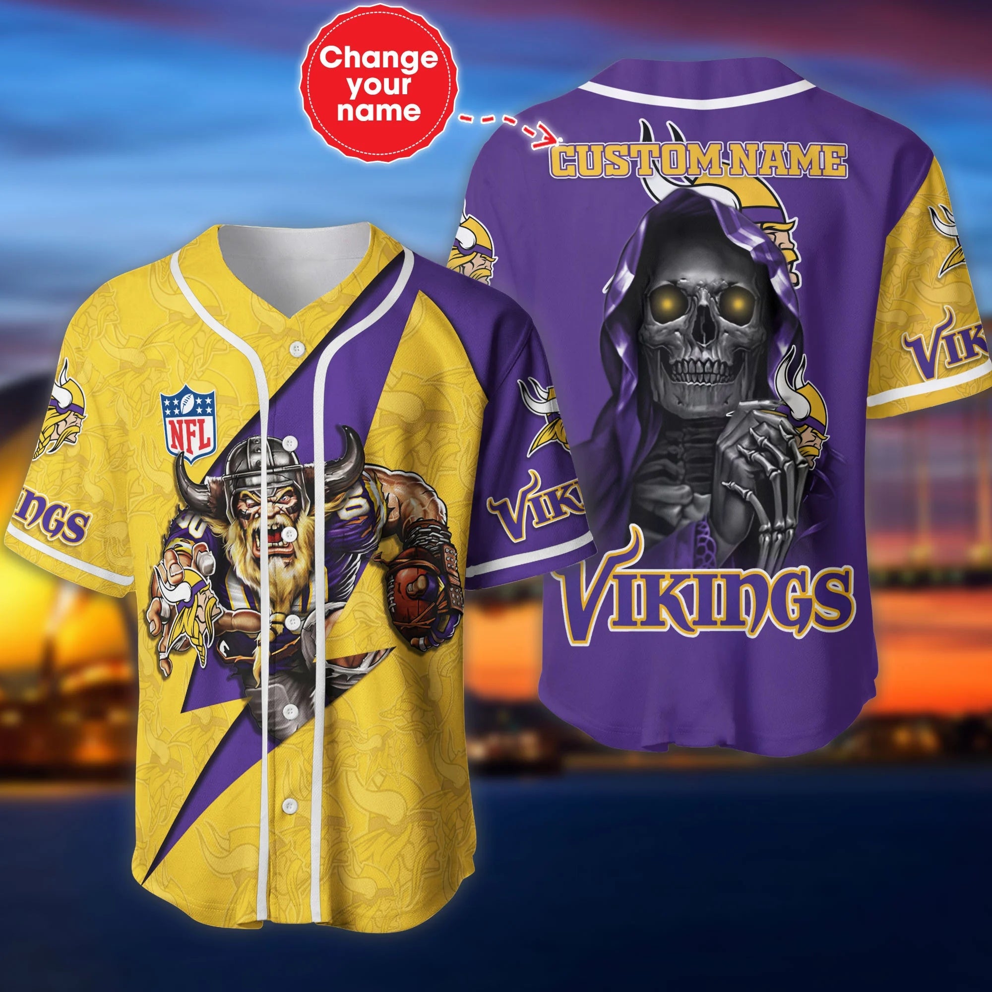 Minnesota Vikings Baseball Jersey Skull Custom Name