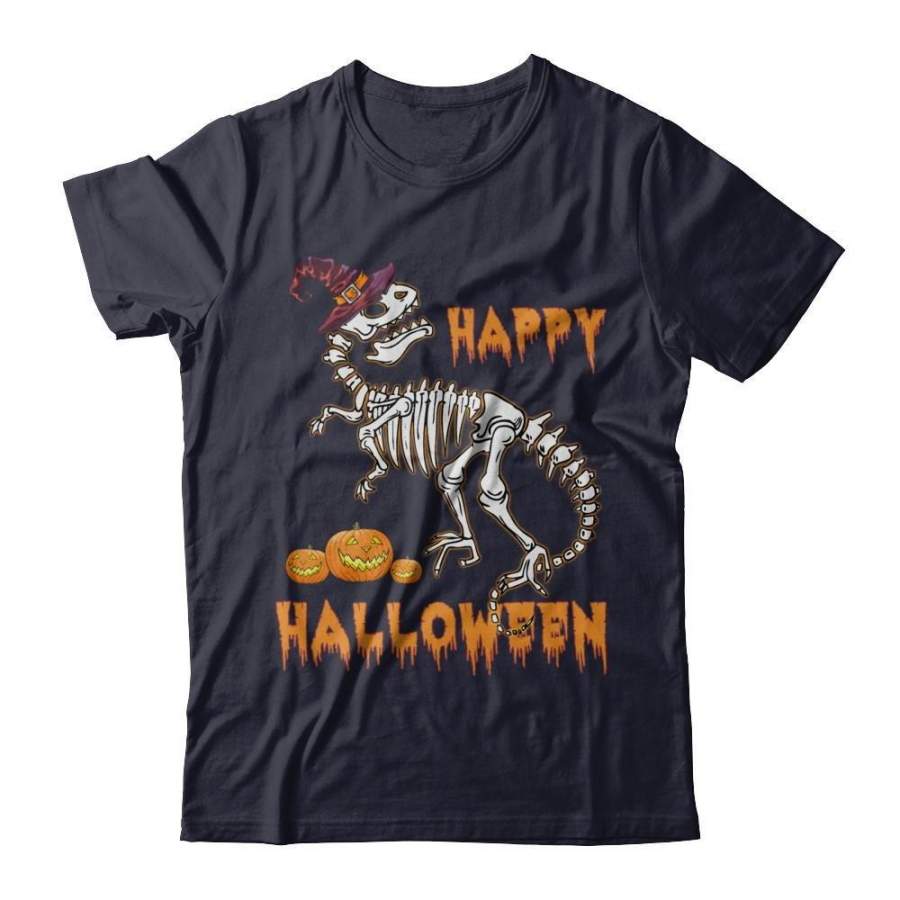 TeesCentury Funny Happy Halloween T-Rex Skeleton Dinosaur Shirt Premium Short Sleeve