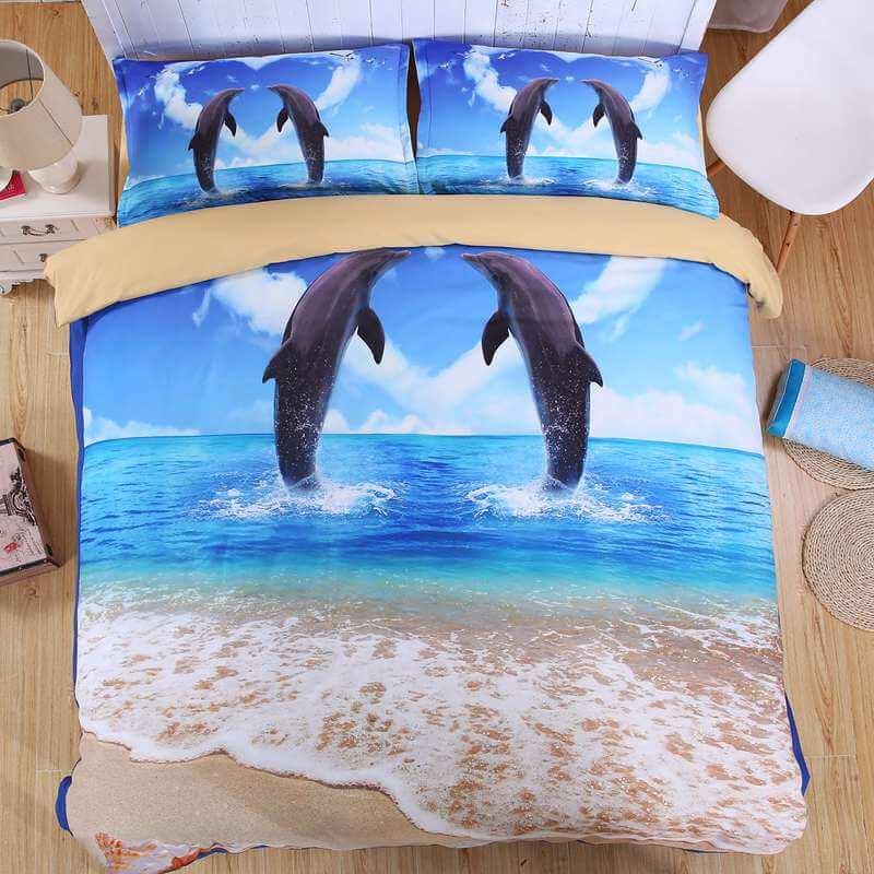 3D DOLPHIN BEDDING SET 4PCS DUVET COVER SET FLAT SHEET PILLOWCSES BEDCLOTHES